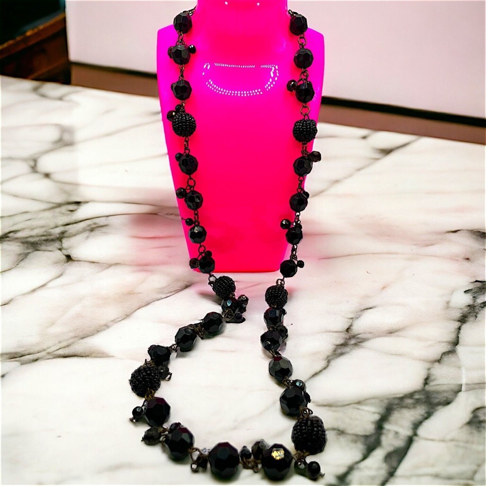 Large Black Faceted 3 Size/Type Beads Statement 16 5/8" Necklace Vintage!